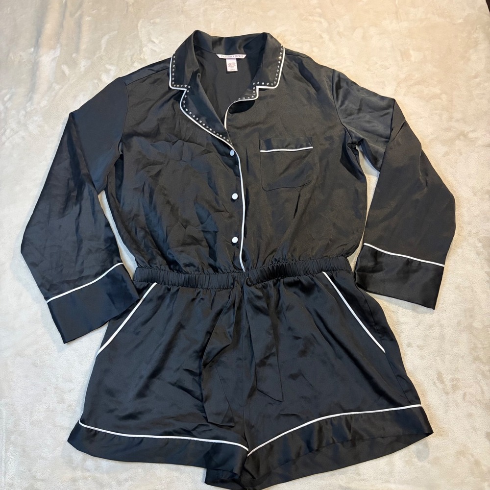 Victoria's Secret Black Bling Trim Silky Sleep Romper M Cinched Rhinestone Sexy